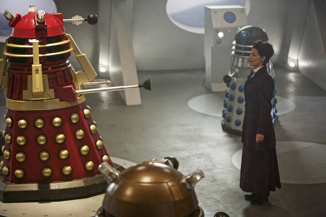 Missy with Daleks in Doctor Who – Witch's Familiar. Pic credit: BBC