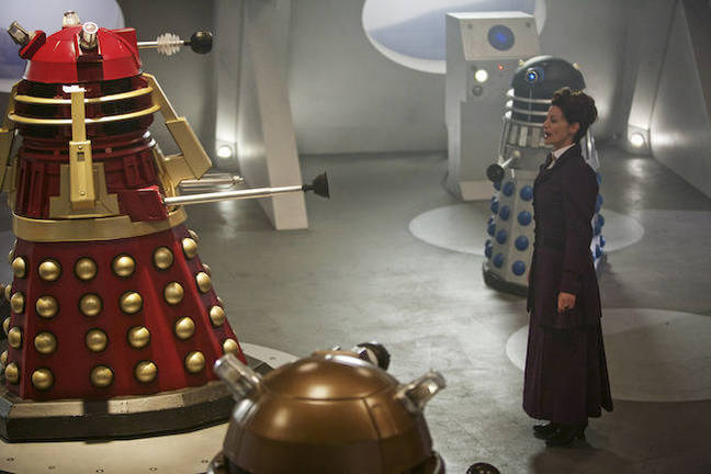 Missy with Daleks in Doctor Who – Witch's Familiar. Pic credit: BBC Missy with Daleks in Doctor Who – Witch's Familiar. Pic credit: BBC