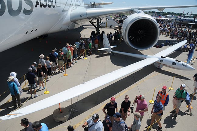 The Perlan 2 at Oshkosh, next to an Airbus A350