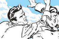 retro cartoon featuring two men fighting against cloud backdrop