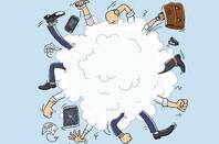 People fight in cartoon cloud. photo by Shutterstock