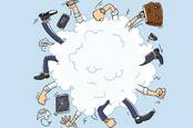 People fight in cartoon cloud. photo by Shutterstock