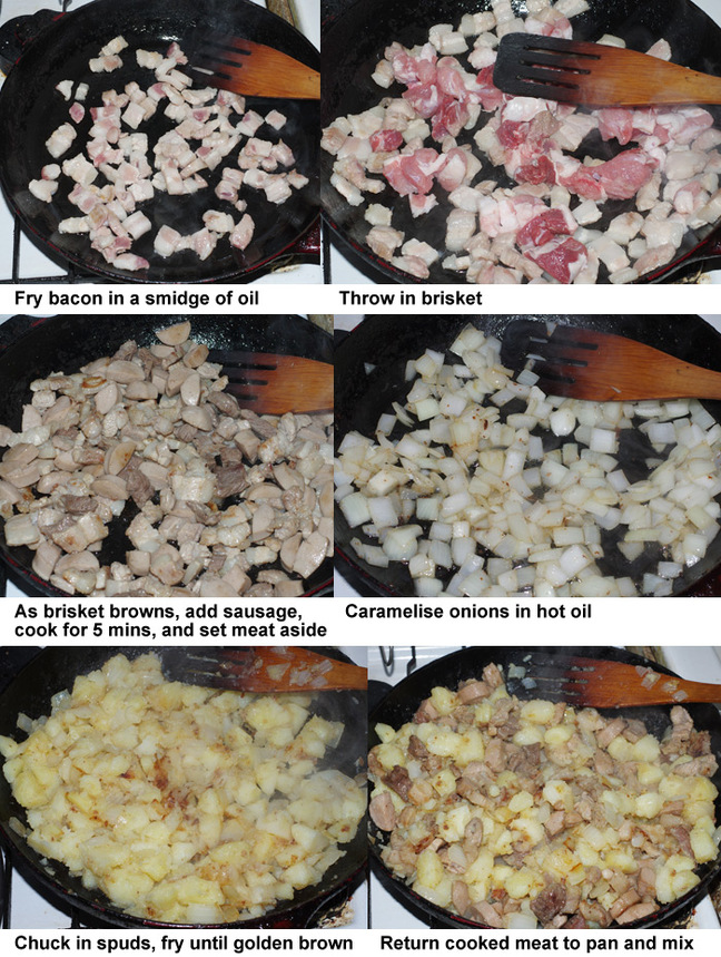 The six steps in preparing pyttipanna