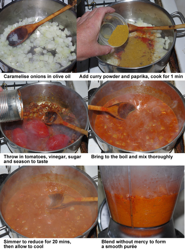 The six steps in preparing the currywurst sauce