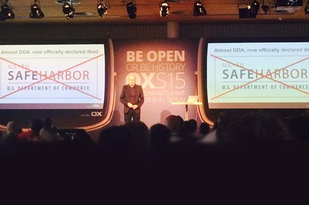 Rafe Laguna, CEO of open source enterprise software company Open Xchange, addresses the audience. Pic by Andrew Orlowski
