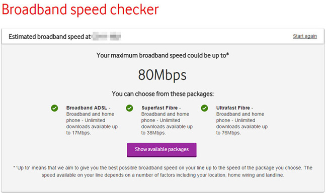 Screen grab of the Vodafone speed checker, showing a potential 80Mbps