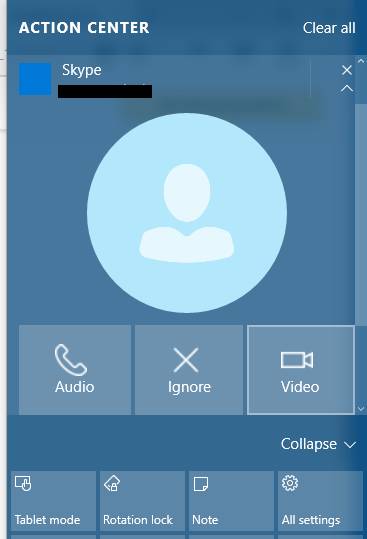 A Skype notification in the Action Center