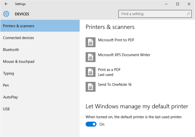 New default printer option in Windows 10