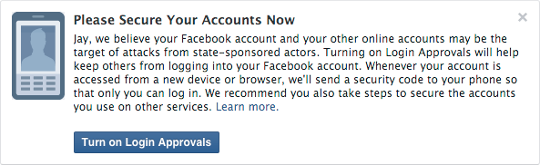 Facebook state-sponsored attack warning dialog