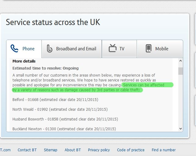 BT's service status page at the time of writing