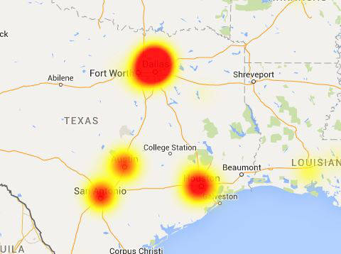A map of outage reports in Texas