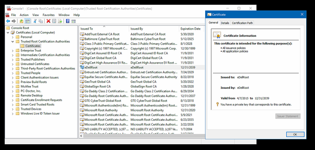 Screenshot showing the eDellRoot cert installed in Windows