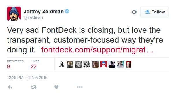 Jeffrey Zeldman tweets about Fontdeck closure