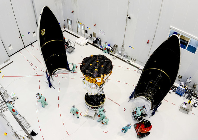 LISA Pathfinder about to be enclosed in the Vega rocket fairing. Pic: ESA–Manuel Pedoussaut