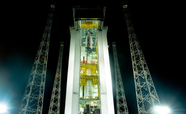 The LISA Pathfinder and fairing hoisted atop the Vega rocket