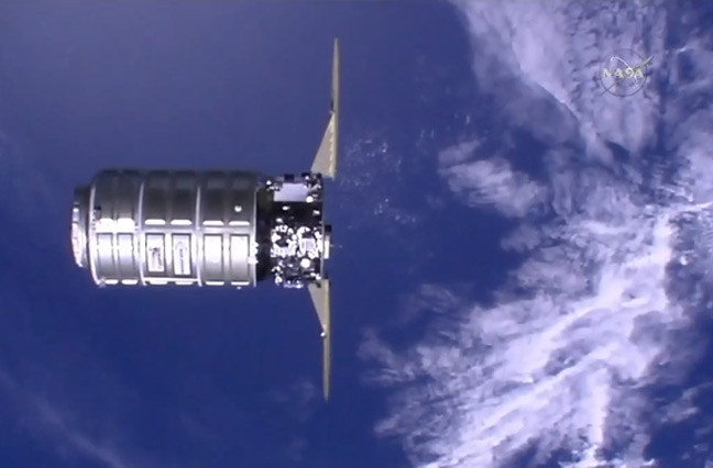 Cygnus approaches the ISS yesterday. Pic: NASA TV