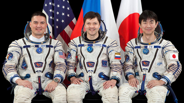 Kjell Lindgren of NASA, Oleg Kononenko of the Russian Federal Space Agency and Kimiya Yui
