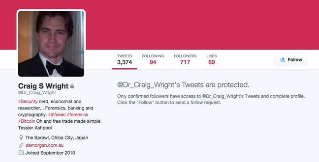 Craig Wright's deleted Twitter profile Craig Wright's deleted Twitter profile