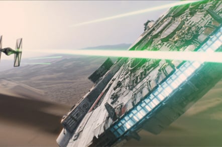 TIE Fighters and Millenium Falcon credit Lucasfilm Disney