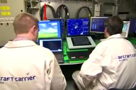 Screengrab of a control room in new Royal Navy aircraft carrier. One of the screens sports unmistakable Windows XP desktop