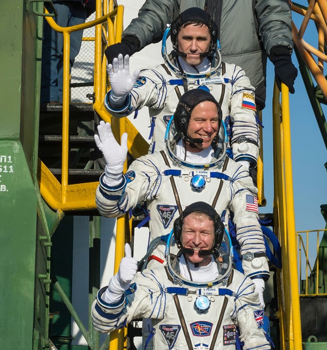 European Space Agency (ESA) astronaut Tim Peake, NASA 'naut Tim Kopra and cosmonaut Yuri Malenchenko before entering the Soyuz yesterday