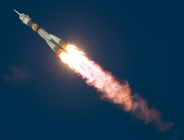 The Soyuz blasts off from Baikonur