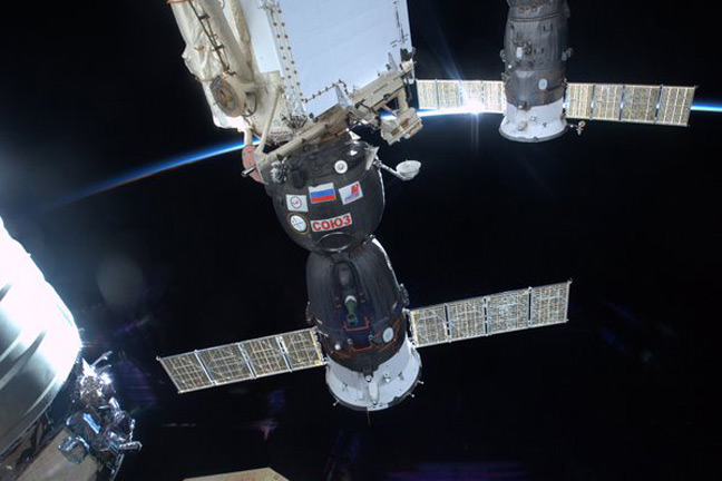 The Soyuz spacecraft docked to the ISS. Pic: Tim Peake