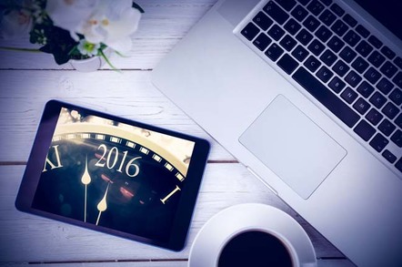 2016 New year's message written on tablet which is resting on a laptop keyboard. Photo by Shutterstock