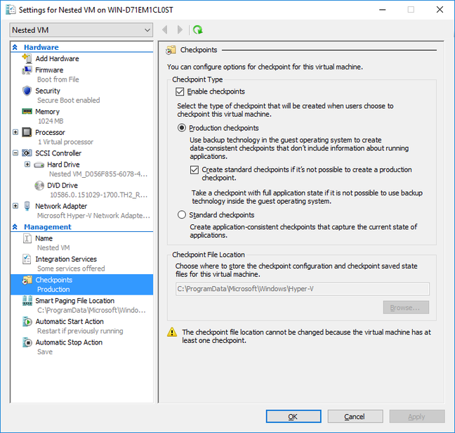 Production Checkpoints in Hyper-V 2016