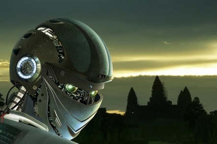 AI Robot viewed from the back against an arty landscape. Pic via SHuttertock