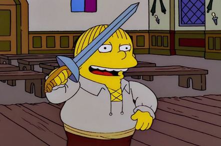 Ralph Wiggum as Hamlet, ready to stab