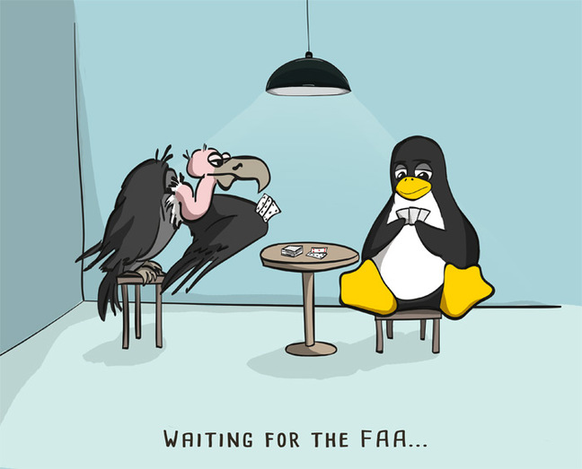 Cartoon of Vulture and Linux penguin playing cards 