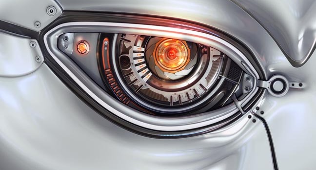 Robot eye opens. Image via Shutterstock