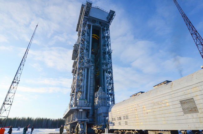 Sentinel 3A in the upper stage arrives at the launch pad. Pic: ESA / Stephane Corvaja