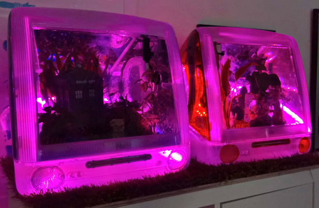 The tank illuminated with purple light