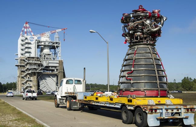 The RS-25 being trucked to the test stand. Pic: NASA/SSC