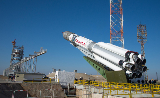 The Proton-M being raised into a vertical position. Pic: ESA / B. Bethge