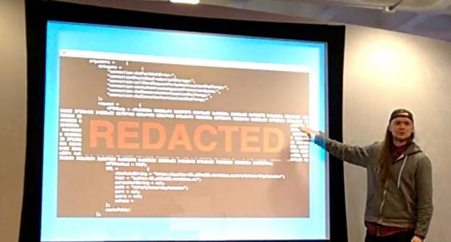 Stevie Graham shows off his successfully reverse engineered mobile banking app at QCon