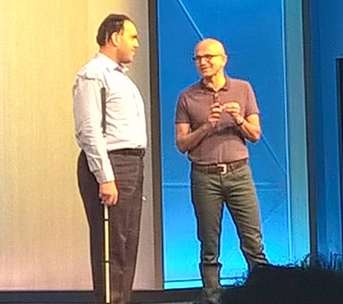 Microsoft CEO Satya Nadella with Saqib Shaikh, who has written an assistive app for visually impaired users