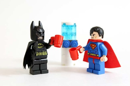 Studio shot of LEGO minifigure Batman and Superman standing by a water cooler with drinks. Copyright: cjmacer Editorial Credit: cjmacer / Shutterstock.com Editorial Use Only.