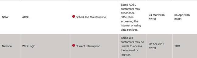 Telstra outage notice April 2016