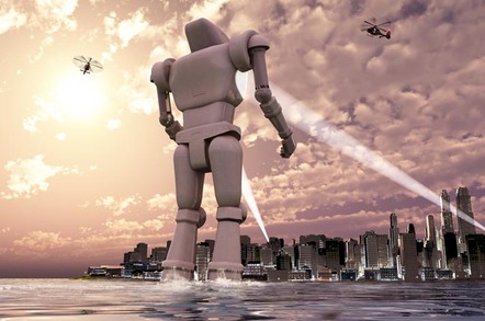 Robot surveys city by the sea. Image via SHutterstock