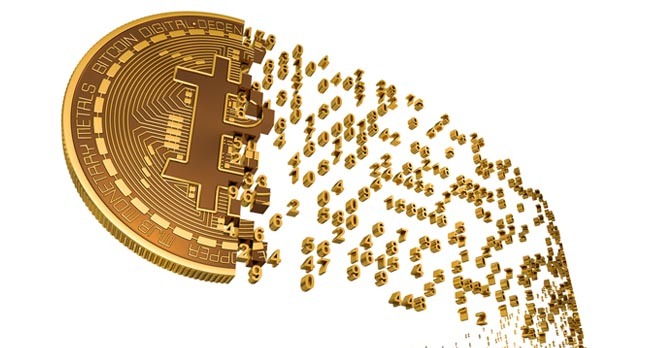Illustration of a "bitcoin" dissolving into numbers. Photo by SHutterstock