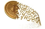 Illustration of a "bitcoin" dissolving into numbers. Photo by SHutterstock