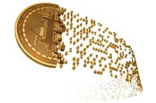 Illustration of a "bitcoin" dissolving into numbers. Photo by SHutterstock