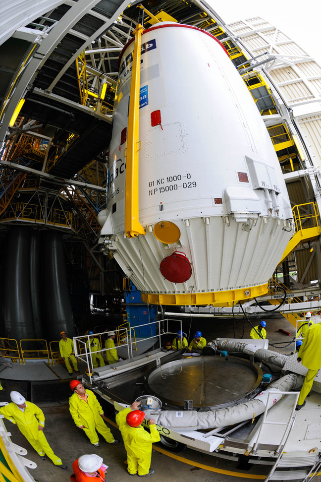 The encapsulated Sentinel is mounted atop the Soyuz. Pic: ESA / Manuel Pedoussaut