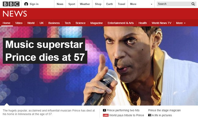 BBC website featuring blanket Prince coverage