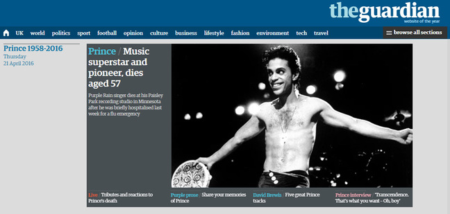 The Guadian's website showing Prince coverage