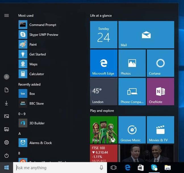 The revised Start menu in Build 14328