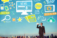 Man shouting through a mega phone with abstract communication icons in the background